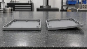 Flat and warped injection molded plastic covers side by side, with one corner visibly lifted from a flat inspection surface