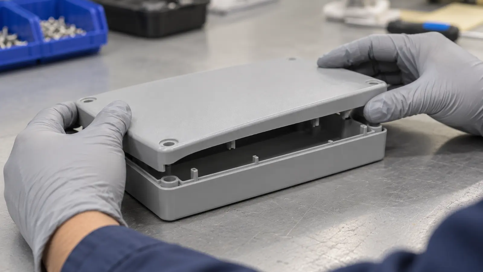 Gloved hands fitting a molded plastic cover to its matching base while a slight warped-edge gap remains visible
